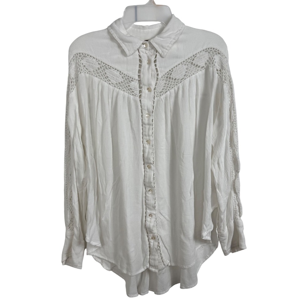 Free People Crochet Lace Gauze Top S White Boho Cottagecore Peasant Blouse